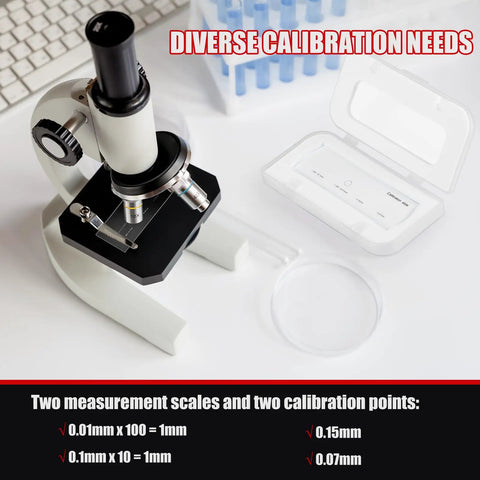 Pro Grade 0.01mm Microscope Calibration Slide Ruler With Stage Micrometer Glass Reticle Ruler Dual Scale next to a microscope