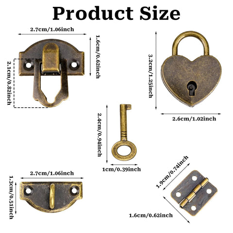 Two Piece Antique Bronze Hasp Latch Set With 27x30mm Hasp Latch And 24x21mm Mini Box Hinges Plus 22x38mm Love Locks With Keys product sizes