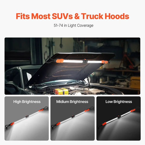 Dope Rechargeable Cordless Underhood Work Light Bar With 2300 Lumens illuminating car engine area with adjustable brightness settings.