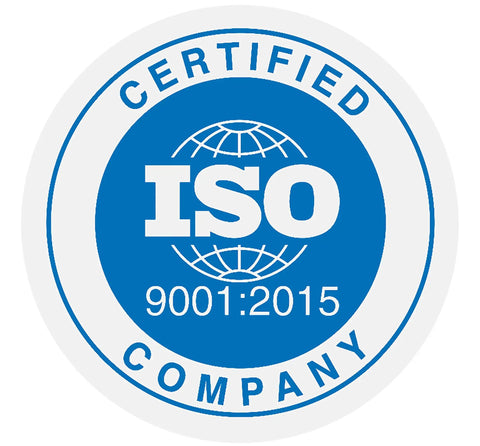 ISO 9001:2015 certification badge featuring a blue globe design certified for quality management.