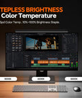 Monitor Light Bar Dimmable USB Lamp With Eye Care Tech No Screen Glare Backlight Wireless Controller Fits Any Monitor Space Saving Desk Light For Home Office And Gaming Setups showing on-screen color temperature range options in a dimly lit room setup with keyboard and mouse.