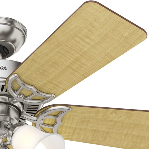 Close-up of Southern Breeze 42 Inch Brushed Nickel Ceiling Fan With LED Light Kit and wooden blade detail for modern style.