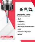 Spektra Extreme Tool Life Coated Solid Carbide Spiral Plunge Router Bit 46009K shown cutting wood materials list