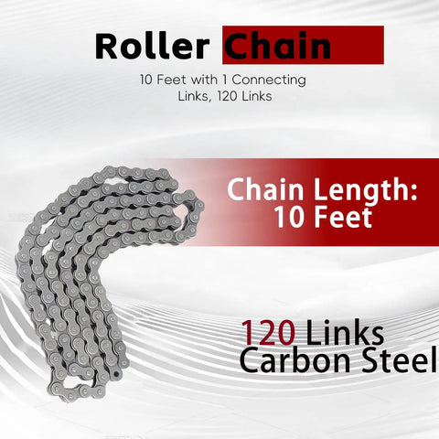 80H Heavy Duty Roller Chain 10 Ft Long With 1 Connecting Link, Carbon Steel, 120 Links, shown coiled and labeled.