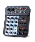 Front view of 4 Channel DJ Audio Mixer With 2 Mic Inputs REC And Tape Built In DSP Effects Dope Headphone Monitor Bluetooth USB MP3 Input