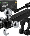 All In One Tri Ball Trailer Hitch Mount With Locking Pin And D Ring Shackle For Two Inch Receiver Recovery Hook Fits One Seven Eighths Inch Two Inch And Two Five Sixteenths Inch Balls Heavy Duty Tow Hitch For Trucks And SUVs Black shown with packaging.