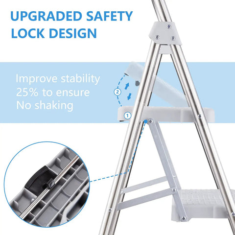 Close-up of stable locking mechanism on Two Step Stainless Steel Folding Ladder With 500 Pound Capacity Wide Anti Slip Pedals and Beefy Durable Handgrip