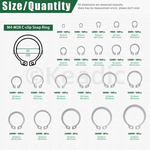 Heavy Duty C Clip And E Clip Snap Ring Set Kit 303 Pcs With 21 C Clip Sizes M4 To M28 And 10 E Clip Sizes 1.5mm To 10mm Plus Tweezers