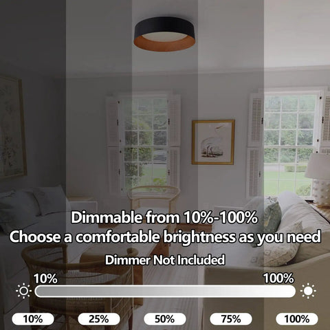 Flush Mount LED Ceiling Light 13 Inch With Matte Black Finish And Wood Accent, dimmable example in living room