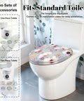 Soft Close Elongated Toilet Seat for Bathroom on standard toilet with floral design, adjustable hinges for easy installation.