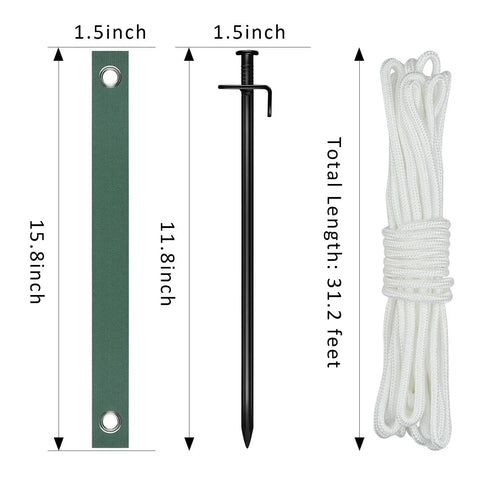 Components of All In One Steel Tree Stake Kit For Young Trees, including stake, strap, and 31.2 ft rope, shown side by side.