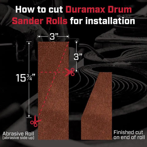 Diagram showing how to cut Pro Grade Drum Sander Sandpaper Roll 3 Inch By 25 Yards Aluminum Oxide for installation.