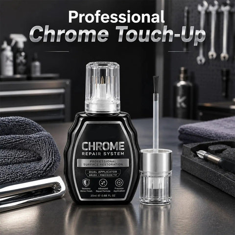 Professional Chrome Repair Pen Nails That Slick Mirror Finish Which Takes Care Of Chips Scuffs And Scratches On Bathroom Fixtures And Metal Hardware For A Legit Factory Fresh Gloss on black background.