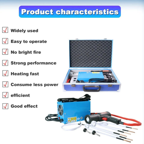 Hardcore Electromagnetic Induction Heater Kit Handheld Automotive Flameless Tool For Popping Off Rusted Nuts Bolts And Bearings With Four Heavy Duty Coils And Rugged Carry Case Zero Fuss Operation in a blue carrying case with accessories.