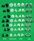 Cool Silent T-Plug Silicone Rubber Stopper Kit For Door Gaskets And Hole Plugs, White Muffler Eyelets For Pipes, Sheets, Screws, And Machinery With NonStandard Custom Options To Block Noise And Collision Damage. White silicone plug set on green background, assorted sizes.