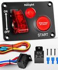 12V 2 In 1 Ignition Switch Panel With Rocker And Engine Start Button Toggle Switches Relay Harness And LED Indicator For RV Truck Racing Car Boat Marine Trailer Rugged Design showing components and wiring.