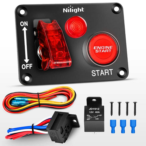12V 2 In 1 Ignition Switch Panel With Rocker And Engine Start Button Toggle Switches Relay Harness And LED Indicator For RV Truck Racing Car Boat Marine Trailer Rugged Design showing components and wiring.