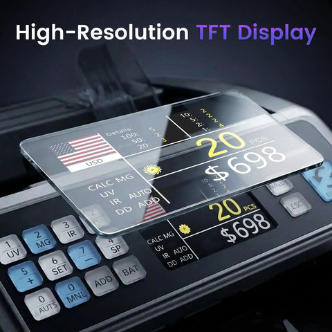 No Sweat Top Loading Digital Money Counter With Advanced Ultraviolet Infrared Anti Counterfeit Tech displaying high-resolution TFT screen.