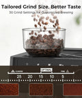 No Sweat Home Espresso Machine With Integrated Grinder And 20 Bar Pressure Pump Fast Heating Milk Frother For Creamy Foam Spacious Removable Water Tank For Bold Morning Sips And Perfect Cappuccino Pulls Black with coffee beans and grind size settings.