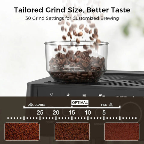 No Sweat Home Espresso Machine With Integrated Grinder And 20 Bar Pressure Pump Fast Heating Milk Frother For Creamy Foam Spacious Removable Water Tank For Bold Morning Sips And Perfect Cappuccino Pulls Black with coffee beans and grind size settings.