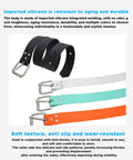 Heavy Duty Rubber Diving Weight Belt With Quick Release Stainless Steel Buckle Designed For Free Diving And Spearfishing 53 Inch Length White Adjustable Comfort Fit Durable Belt For Hardcore Divers with black, white, turquoise, and orange belts shown.