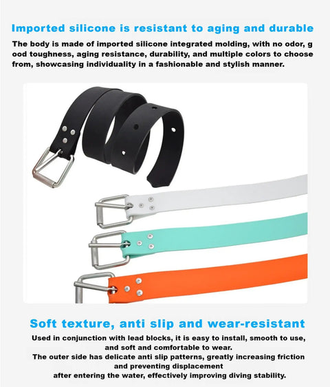 Heavy Duty Rubber Diving Weight Belt With Quick Release Stainless Steel Buckle Designed For Free Diving And Spearfishing 53 Inch Length White Adjustable Comfort Fit Durable Belt For Hardcore Divers with black, white, turquoise, and orange belts shown.