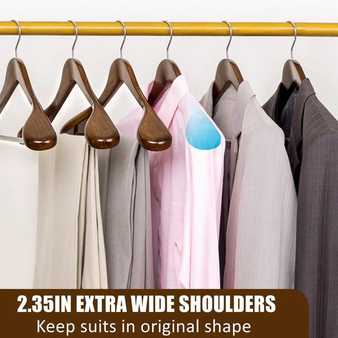 Solid Walnut Wood Coat Hangers Six Pack With Extra Wide Shoulders And Non Slip Pants Bar For Jackets, Sweaters, Pants