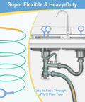 50 Inch Reusable Drain Snake 3 Pack Tough Nylon Hooks shown flexible tool for clearing kitchen sink clogs and plumbing.