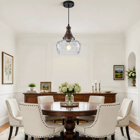 Vintage Glass Pendant Light Kitchen Island with Walnut Wood 9.8in above a round dining table in a bright room.