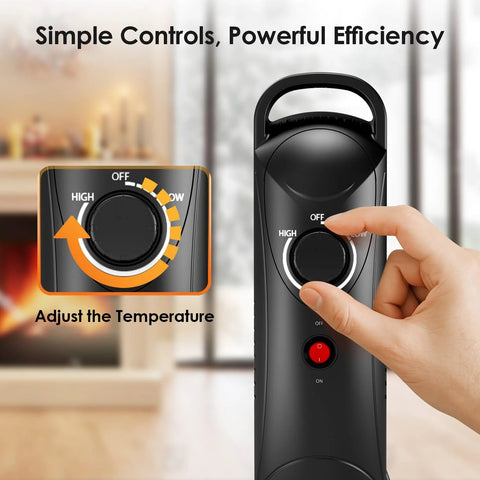 Front view of Air Choice 700W black oil-filled radiator heater with adjustable thermostat dial