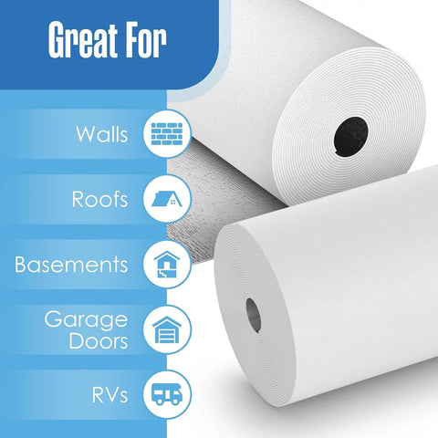 Top Shelf Reflective Insulation Roll And Radiant Barrier Thermal Foil For Attic Wall Ceilings, rolls shown with usage icons.