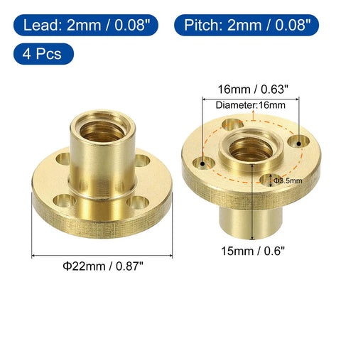 TR8x2 Brass Lead Screw Nut 4 Pack For 3D Printer Hobbyists, high precision, 2mm pitch, solid brass, 16mm center