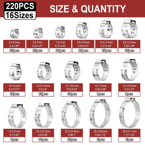 Heavy Duty Stainless Steel Ear Clamps Set 220 Pcs With 16 Sizes 5.3 To 31.1 mm Stepless Adjustable Crimp Clamps assortment display