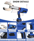 Cordless Hydraulic Cable Cutter with LED display shows cutting head, motorvent, indicator, switch, anti-slip handle, 18V battery