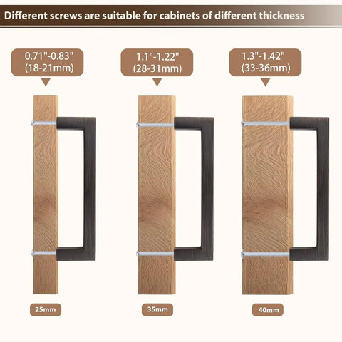 10 Pack Oil Rubbed Bronze Solid Zinc Cabinet Pulls showing screw fitment for varying cabinet thicknesses