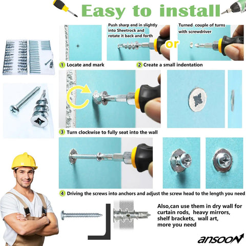 Built Tough Zinc Self Drilling Drywall Anchors Kit With 10 No 8 X One And A Quarter Inch Screws installation steps diagram