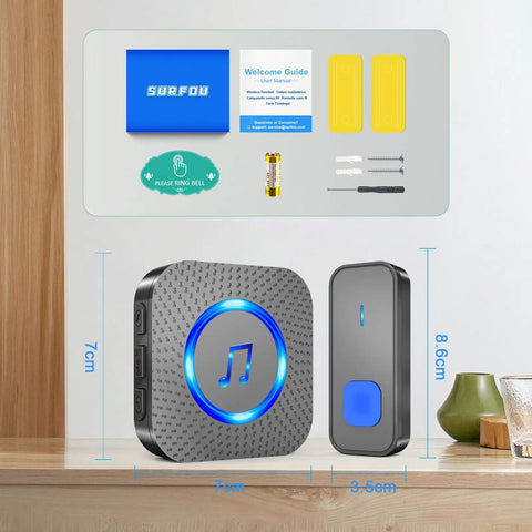 Expandable Wireless Doorbell Kit With 1300ft Range, Waterproof Outdoor Button and Plug-In Receiver with parts displayed