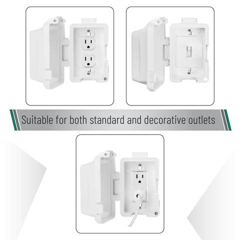 Outdoor Weatherproof 1 Gang Electrical Outlet Cover Plug In 120V AC Durable White Plastic with open and closed view