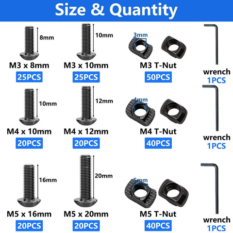 M3 M4 M5 T Slot Nut Screws Kit 260 Pcs Heavy Duty T Nuts And Bolts Set sizes shown with hex wrenches for 2020 aluminum profiles