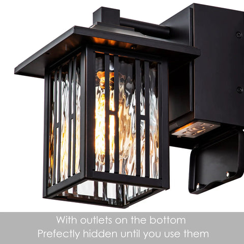 Outdoor Porch Lights With GFCI Outlet Dual Outlets Water Ripple Glass Bronze Exterior Wall Mount Sconce Waterproof Patio Light For Garage 2 Pack Set Bundle showing water ripple glass and hidden outlets feature.