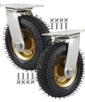 Pack Of Two Heavy Duty Pneumatic Caster Wheels Featuring Silent Rubber Tires And Rock Solid Swivel Design For Slick Cart Hauling And Furniture Moves close-up of wheels with spiky tires and metal brackets.
