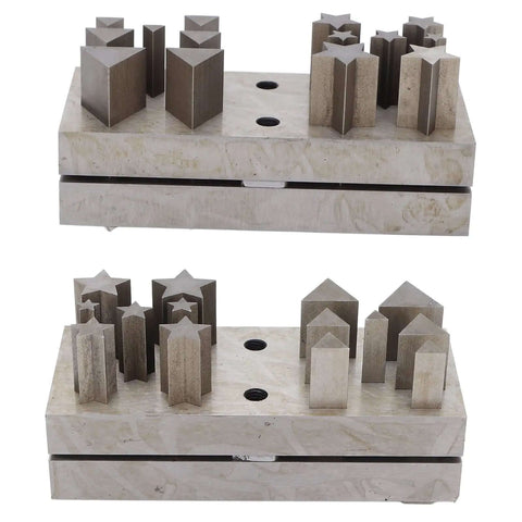 Pro Grade Jewelry Punch Die Disc Cutter Set With Assorted Shapes And Sizes, shown with triangle and pentagram dies on a steel base.