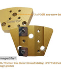 Bang For Your Buck Tungsten Carbide Scraper Set With Trapezoid Edged Blades For Removing Mastic Glue And Heavy Coating From Concrete Floors Using Grinder Hook Attachment Compatible Models Dry Or Wet Application Nine Piece Kit close-up of trapezoid blade with non-screw holes for grinder attachment.
