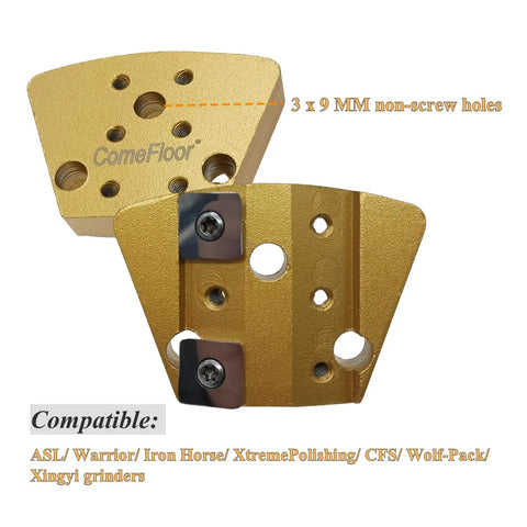 Bang For Your Buck Tungsten Carbide Scraper Set With Trapezoid Edged Blades For Removing Mastic Glue And Heavy Coating From Concrete Floors Using Grinder Hook Attachment Compatible Models Dry Or Wet Application Nine Piece Kit close-up of trapezoid blade with non-screw holes for grinder attachment.