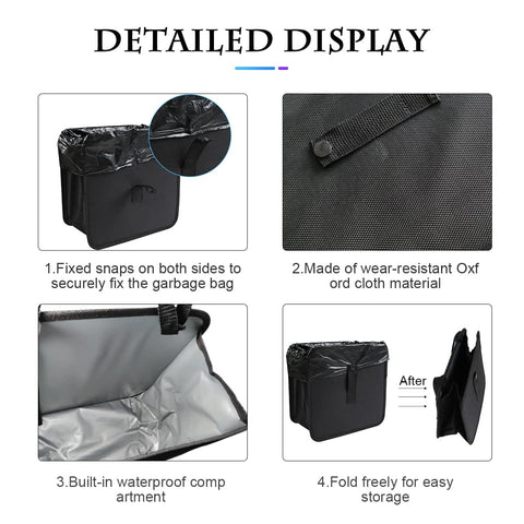 Detailed view of Foldable Car Trash Can Organizer showing Oxford fabric, waterproof interior, snaps for fixing, and folded form.