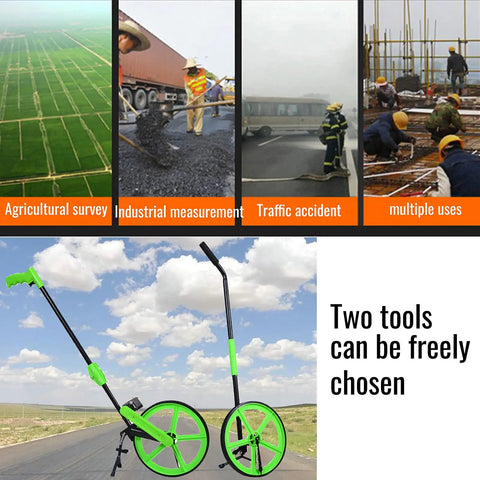 Foldable Electronic Measure Wheel With Large Digital Display Measuring Up To 999.9 Meters on a landscape with clouds.