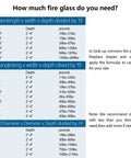Fire glass calculation chart for square, rectangular, round propane fire pits and fireplaces dimensions and weight guidelines.