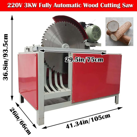 Heavy Duty Automatic Wood Cutting Saw With Pro Grade Alloy Blade Compact Shop Log Cutter For Slick Lumber Splitting And Precise Board Segments 220V 3000W Motor side view with measurements.