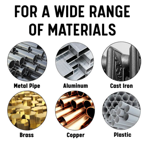 Image showing different materials: metal pipe, aluminum, cast iron, brass, copper, and plastic for versatile tool applications.