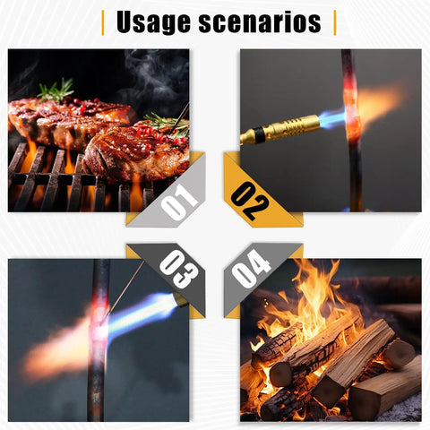 Usage scenarios of MRAS8210 Turbo Flame Propane Welding Torch with 5 ft hose on grilling, brazing, and lighting wood fires.